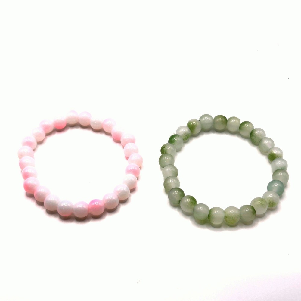 Beaded Stretch Bracelet Set Womens OS Pink Green Marble Round Bead Boho Jewelry